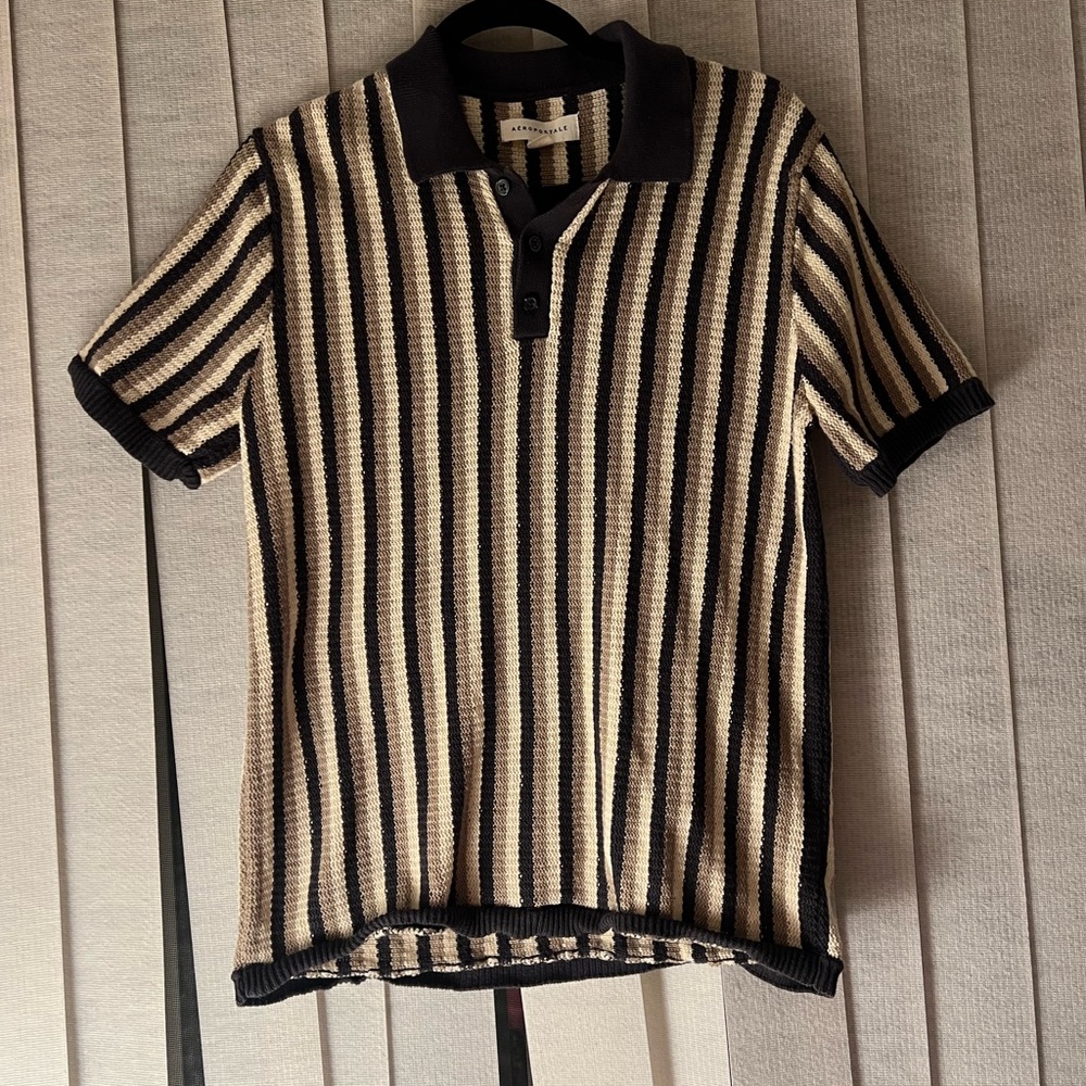 Aeropostale Black and Cream Striped Polo Shirt